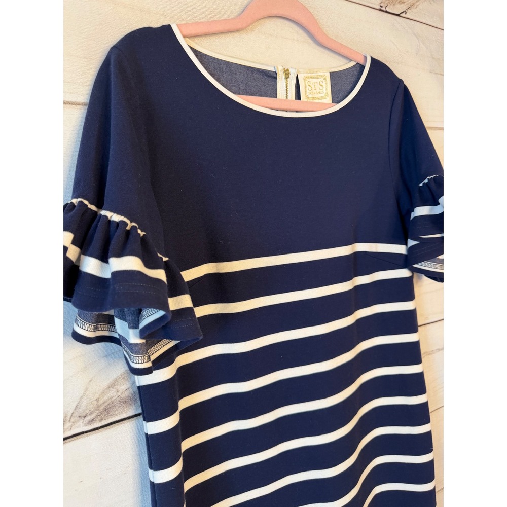 Sail to Sable Navy White Striped Ruffle Sleeve Shift Dress Gold Zip Large - Picture 2 of 5